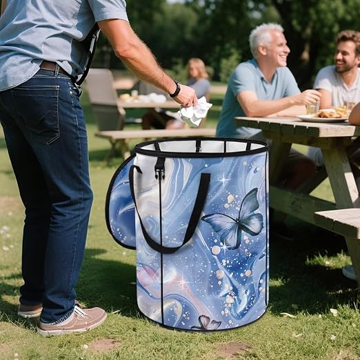 doginthehole Blue Marble Butterfly Collapsible Trash Can Pop Up Camper Trash Can with Lid, 22.83x17.71, Waterproof Bag Outdoor Garbage Bin Storage Accessories, 23 Gallons