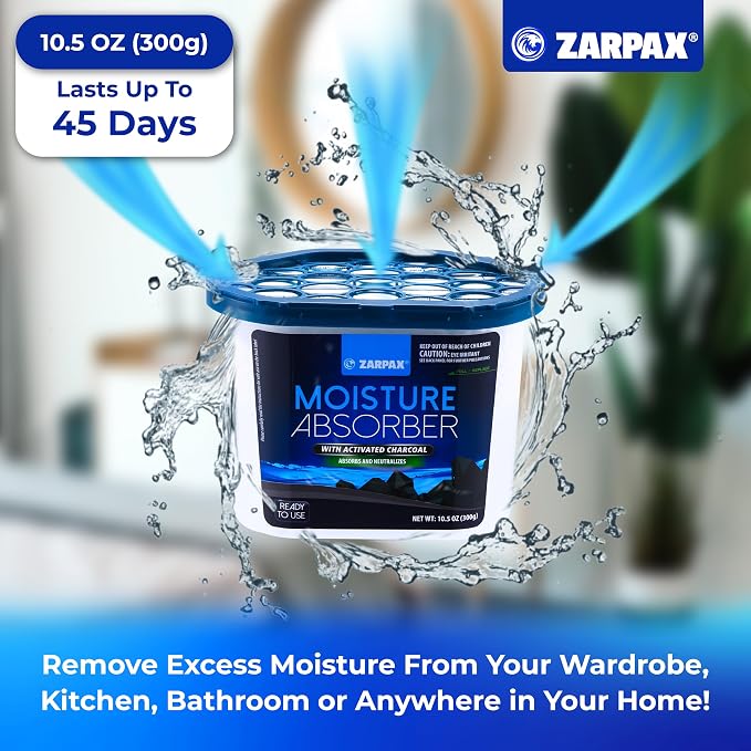 ZARPAX Moisture Absorber Activated Charcoal 10.5 oz/300g | Removes Moisture, Damp, Humidity & Odors | Odor Absorber | Moisture Trap for Bathroom, Closet, Kitchen & Small Spaces | Set of 15