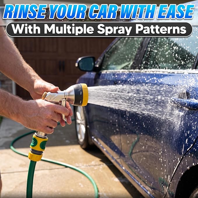 Metal Garden Hose Nozzle High Pressure, 8 Spray Patterns, Lock Clip | Heavy Duty Hose Nozzle for Garden Watering, Car Washing, Patio Cleaning, Leak Proof Gasket and Hands-Free Spraying