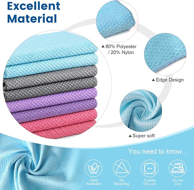 Niveaya Microfiber Glass Cleaning Cloth, Reusable Fish Scale Cloth 8 Pack | Streak Free Lint Free Cleaning Towels, Quick Drying Polishing Cloth for Window, Kitchen, Shower, Stainless Steel, Auto