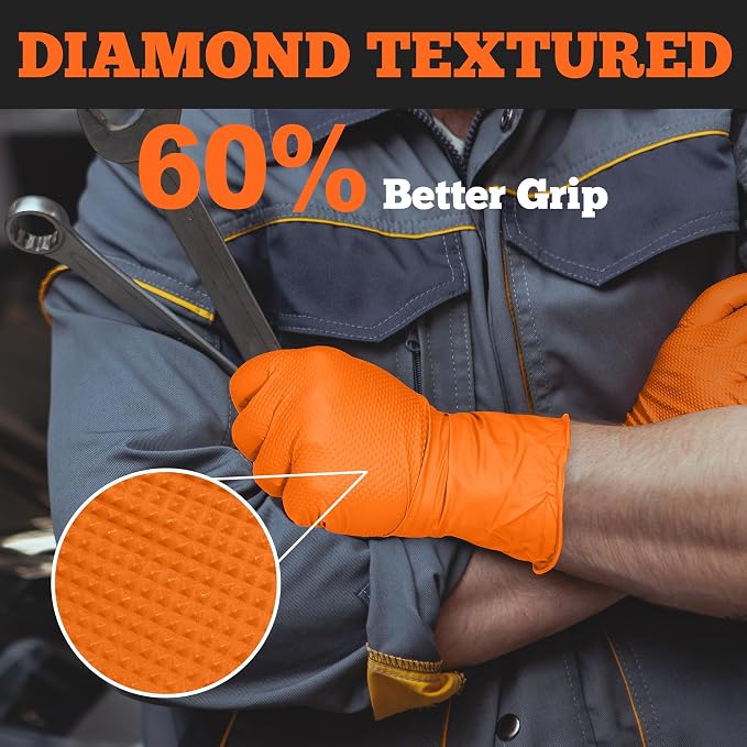 TitanFlex Heavy Duty Orange Nitrile Gloves, 6 Mil, Raised Diamond Texture, Mechanic Disposable Gloves, Latex Free Powder Free