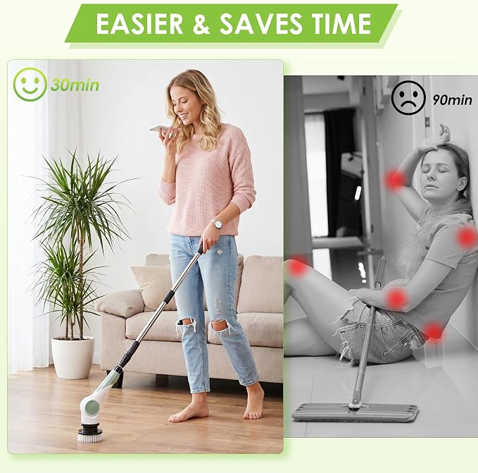 Cordless Electric Spin Scrubber with 10 Replaceable Heads and Long Handle | 3 adjustable lengths, 3 adjustable speeds, 90‑minute runtime, 10 Heads, Waterproof Design for tubs, floors, grout, and cars