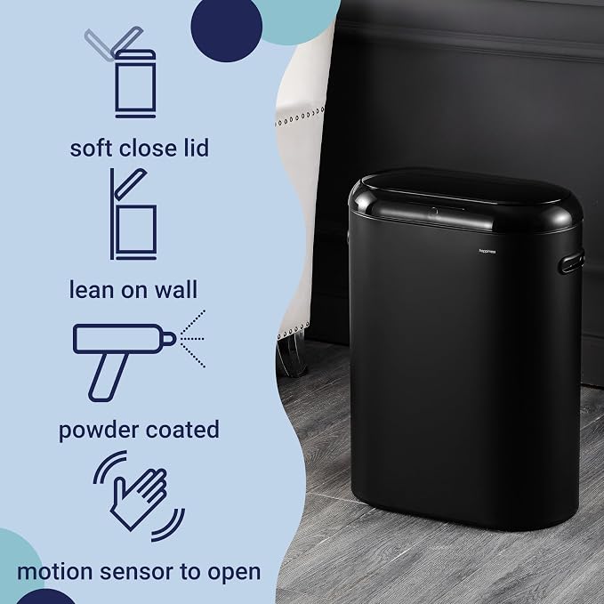 happimess 13.2 Gal Oval Motion Sensor Trash Can, Charcoal Black | Oval, Motion Sensor, Touch Mode, Soft Close Lid, Powder Coated Iron, Side Handles, 17.7" W x 9.84" D x 24.2" H