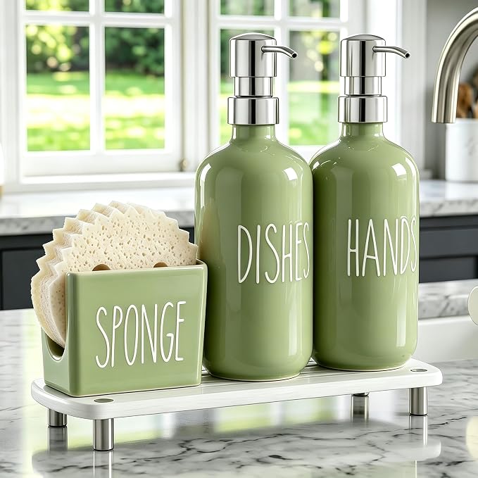 Cisily Olive Green Kitchen Soap Dispenser Set with Ceramics Sponge Holder | Stainless Steel Silver Pumps, and Instant Dry Tray, Hand and Dish Soap Dispenser Set, Kitchen Sink Olive Green Decor
