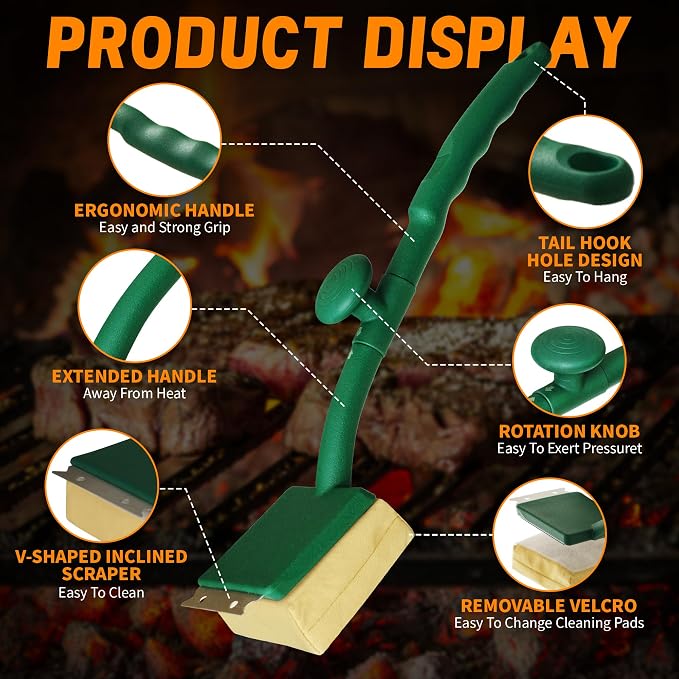 Grill Brush Bristle Free with Scraper, BBQ Replaceable Cleaning Head | Barbecue Grill Cleaner with Seamless Fit Scraper Tool for Cast Iron, Stainless-Steel Grates - Green