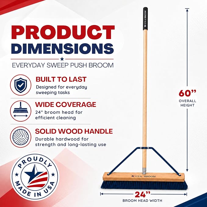 24" Blue Everyday Sweep Indoor/Outdoor Push Broom with 60" Handle. Ideal for Garages & Shops. Durable American Made Steel Brackets-All Stainless Steel Hardware. No Plastic. 100% USA Made