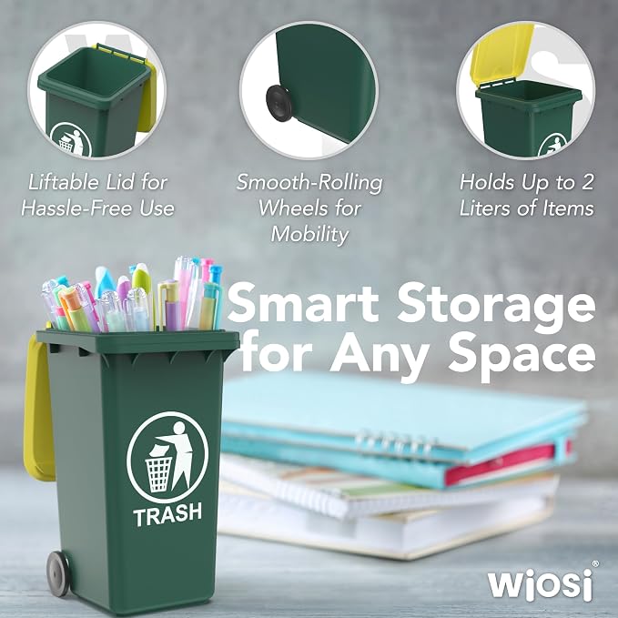 Mini Garbage Trash Pen Holder for Desk | Tiny Recycle Bin Pencil Holder Green & Blue, Pack of 2 | Storage for Pencil & Pen | Office Stationery to Organize the Desk | Ideal for Student Work
