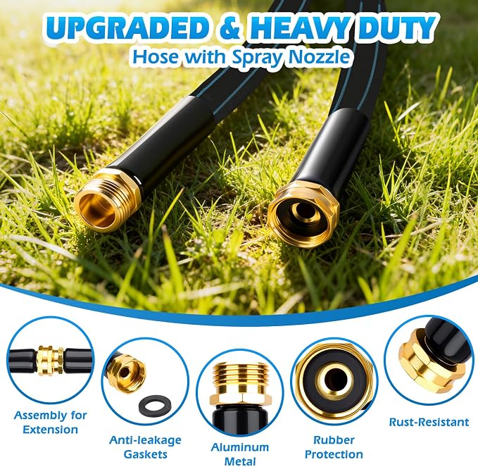 Non-Expanding Garden Hose 50FT with 10-Pattern Nozzle, Lightweight Flexible Water Hose Kink-Resistant, Brass 3/4'' Fittings & Sealing Washers, for Yard Lawn Garden Car Wash Pet Bathing