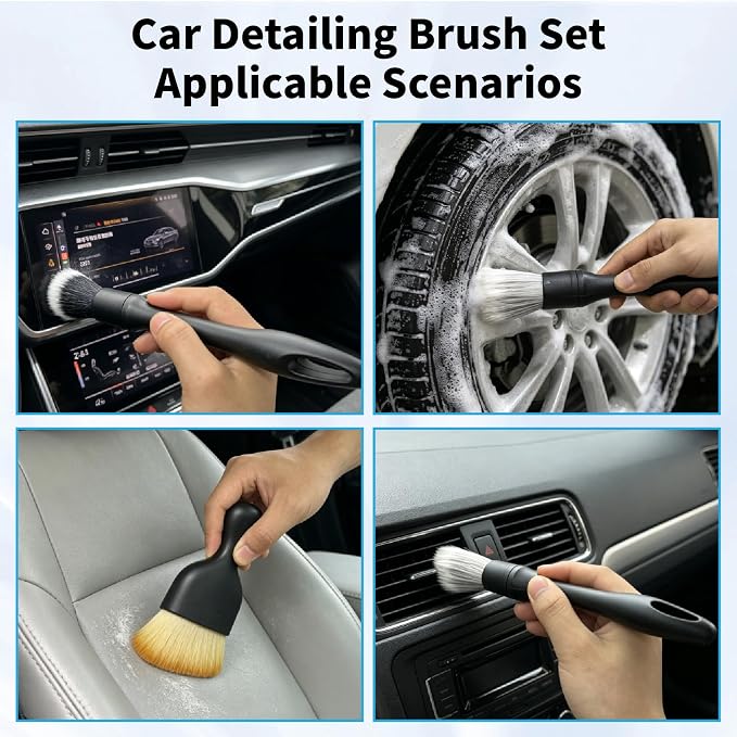5 PCS Car Detailing Brush Set-Car Interior & Exterior Soft Boars Bristle Cleaning Brushes,Dusting Cleaning Supplies for Auto Detailing, Dashboard, Vents, Wheels,Tires,Leather Seat