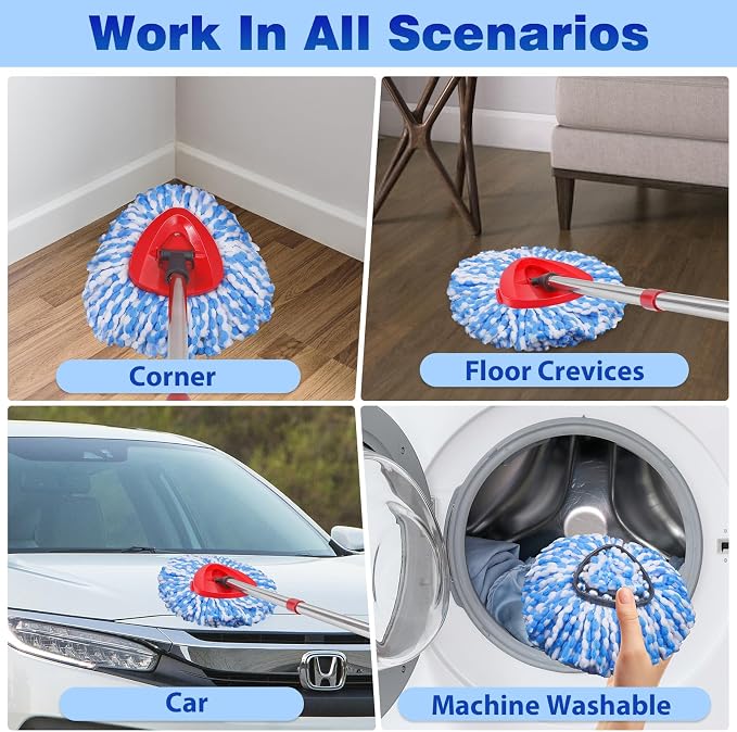 8 Pack Spin Mop Replacement Heads for OCedar RinseClean 2-Tank System, 100% Blue Microfiber Refills, Includes 1 Scrub Brush & 1 Base, Machine Washable Deep Cleaning Floor Mop Head