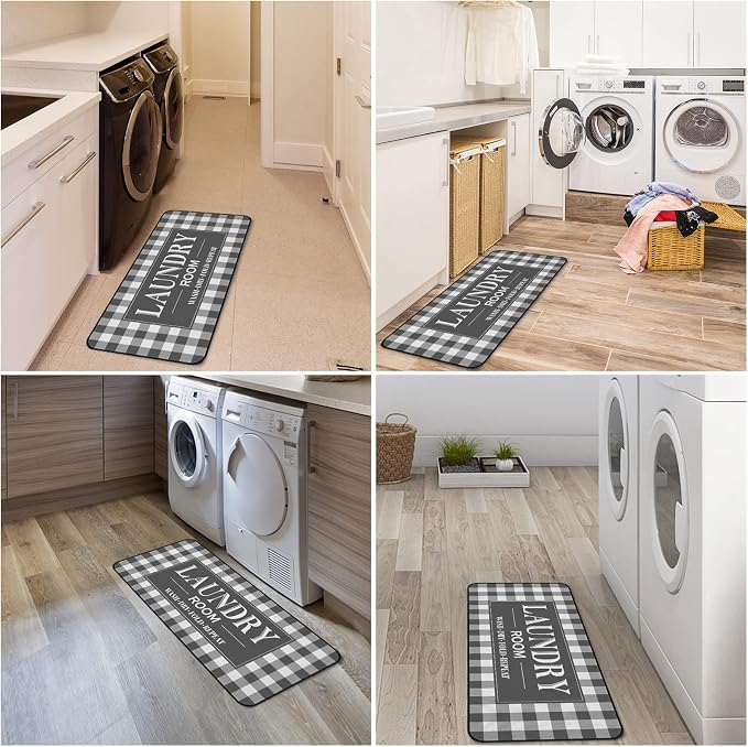 ROMAMIGO Laundry Room Rug Runner Non Slip Laundry Mats Mudroom Laundromat Runner Farmhouse Kitchen Floor Mat Bathroom Laundry Room Decor Accessories(20 X 47 inch, Grey Buffalo Plaid)