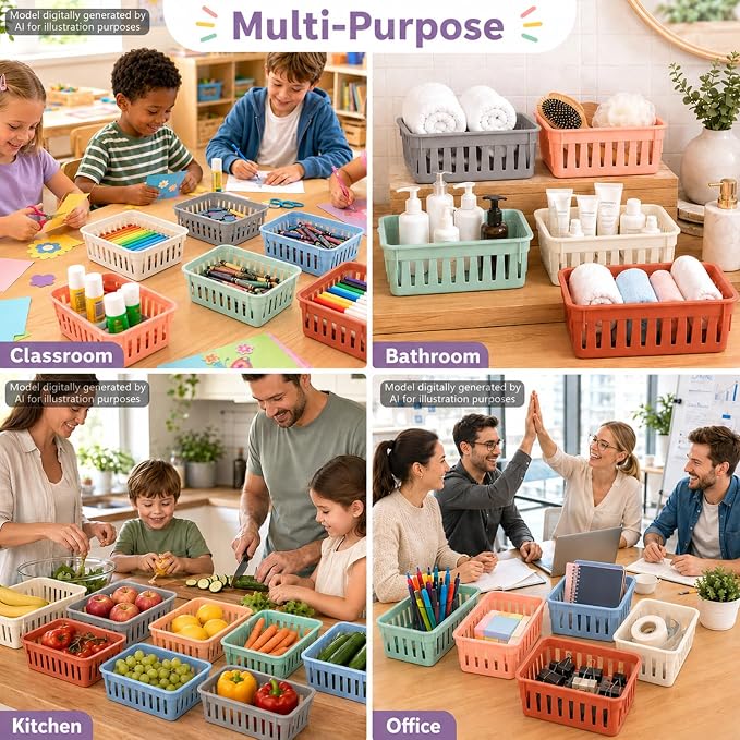 gisgfim 12 Pack Classroom Small Plastic Baskets for Organizing Mini Pencil Crayon Storage Bins Classroom Container Boxes for School Teacher Supplies Home Office Desk 6.1" L X 4.7" W X 2.4" H (Boho)