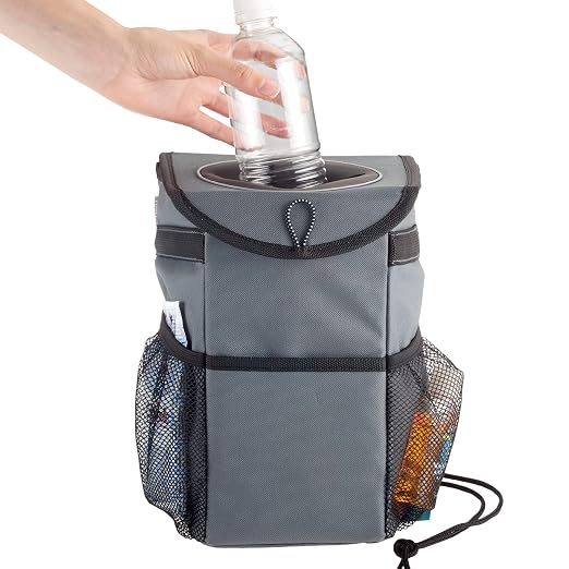 High Road StashAway Heavy Duty Car Trash Can with Rubber Lid | Gray Car Garbage Can with 3 Storage Pockets and Sturdy Panels - Sits Behind the Console or Hangs from the Headrest