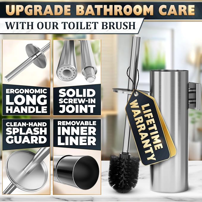 Wall-Mounted Toilet Brush and Holder Set, Stainless Steel (Silver) | Stainless Steel Toilet Brush and Holder Set, Removable Inner Bowl, Dense Bristles, Rustproof, for Modern Bathroom Walls