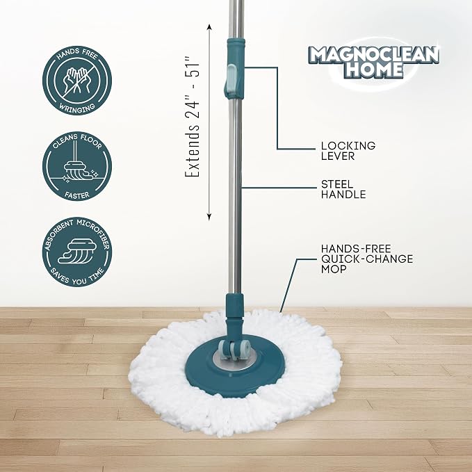 Spin Mop and Bucket System 11L with 2 Replacement Mop Heads, Hands-Free Wringer, Stainless Steel Adjustable Handle, Safe for All Indoor Floors, Grey and Blue