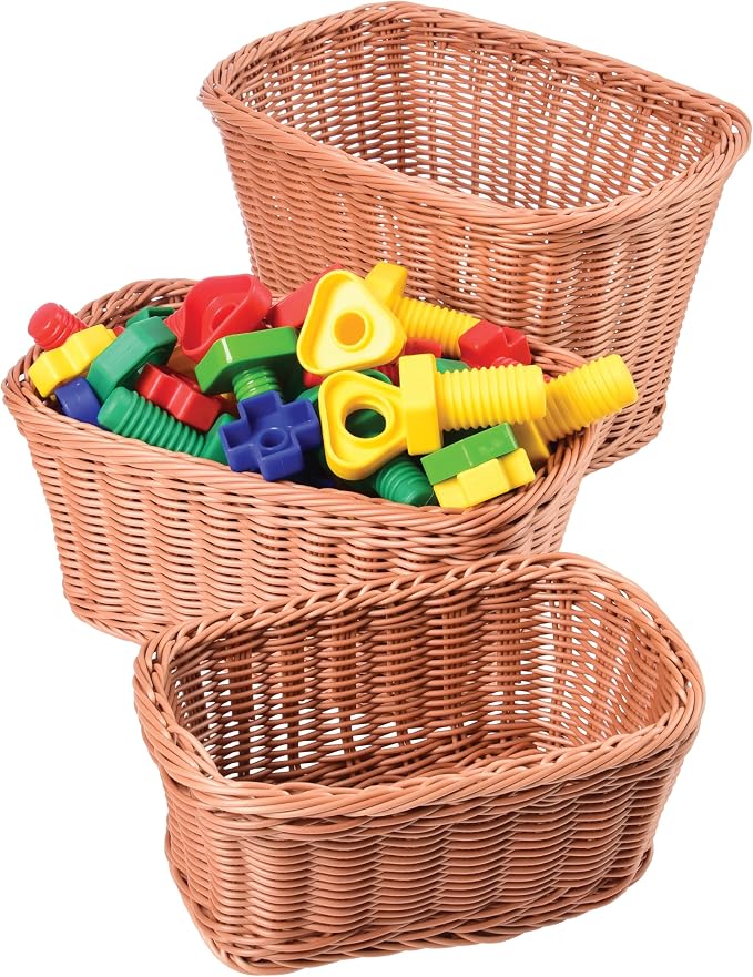 Constructive Playthings Plastic Wicker Woven Storage Baskets, Set of 3 | Nested baskets, Set of 3 for storage, gift baskets or organizing, woven for sturdyiness, washable plastic