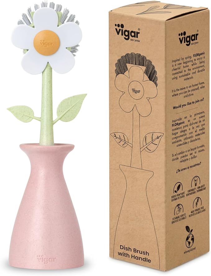 Vigar Florganic Dish Brush with Holder, Dish Scrubber, Pink | Dish Scrubber With Handle, Pot Scrubber, Kitchen Scrub Brush, Dishwashing Brush Tool for Sink Cleaning