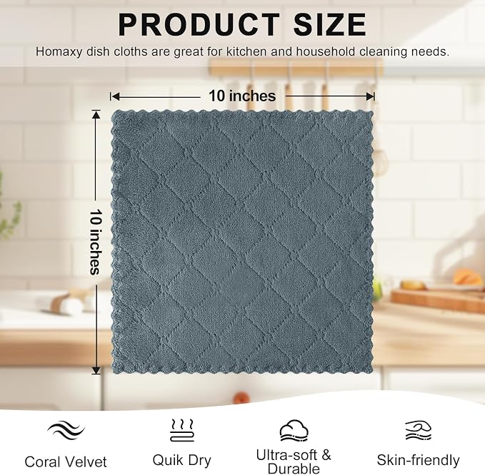 Homaxy Super Soft 16 Pack Coral Velvet Dish Cloths, 10" x 10", Dark Grey | Ultra-Absorbent Dishcloths, No Lint, Nonstick Oil, Fast Drying, Microfiber Cleaning Cloth