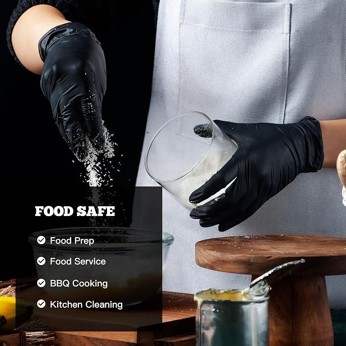 Disposable Nitrile Exam Gloves - 6-mil, Black, Heavy Duty, Latex Free, Food Safe for Cooking