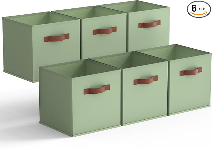 GRANNY SAYS 11 Inch Fabric Storage Cubes, 6-Pack, Sage Green | Collapsible Cube Storage Bins with Thickened Base Plate, Sturdy Handles, Decorative Baskets for Shelves, Closet