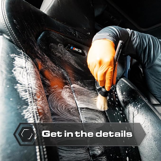 Car Detailing Brush Set, 2 Pack - Boars Hair Bristles, Interior | Boar hair bristles clean vents, emblems, seams, wheels & trim scratch-free. Chemical-resistant handles, safe on leather