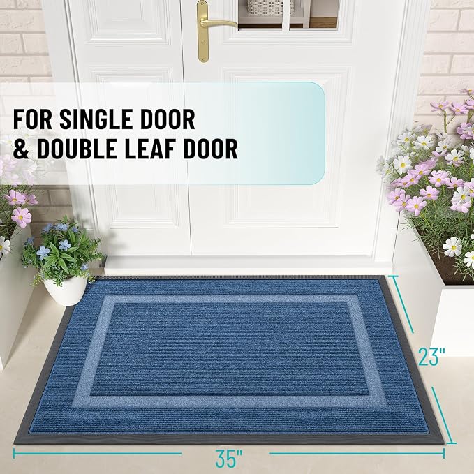 OLANLY Front Door Mat Outside 35x23, All-Season Heavy-Duty Rubber Doormat | Light Blue, Absorbent, Stain Fade Resistant, Waterproof Non-Slip Backing, Low-Profile Indoor Outdoor Floor Mat for Entryway