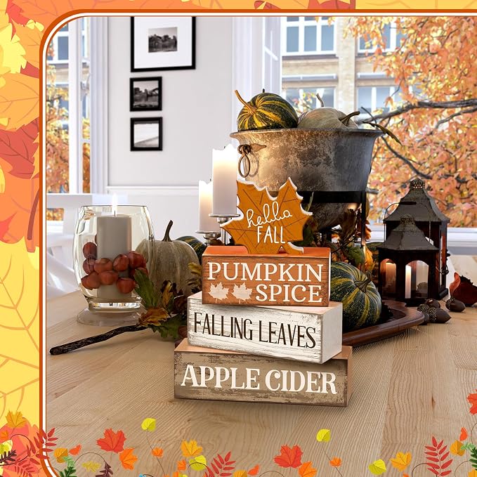 Moucuny 4 Pcs Fall Decor Wooden Maple Leaf Decoration Thanksgiving Decor | Rustic Stackable Blocks with Apple Cider Leaves Sayings,Thanksgiving Table Centerpiece, Farmhouse for Autumn Harvest Party