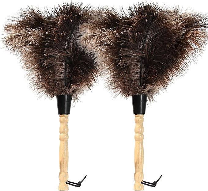 Ostrich Feather Duster 14 inch Feather Duster Fluffy Natural Genuine Ostrich Feathers with Wooden Handle and Eco-Friendly Reusable Handheld Ostrich Feather Duster for Cleaning Supplies