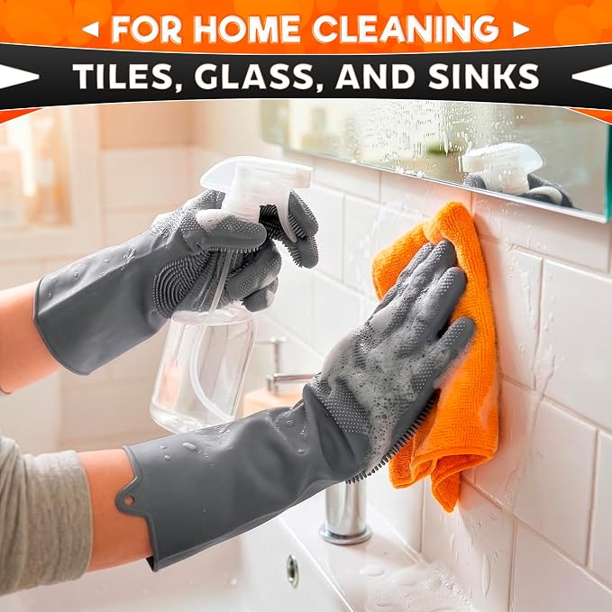 ALPENKOK Silicone Gloves for Washing Dishes, Reusable, Non-Slip (Grey) | Tear-Resistant, Water-Blocking, Dense Bristles; Dog Washing Gloves for Pet Use, Kitchen Cleaning & Daily Chores