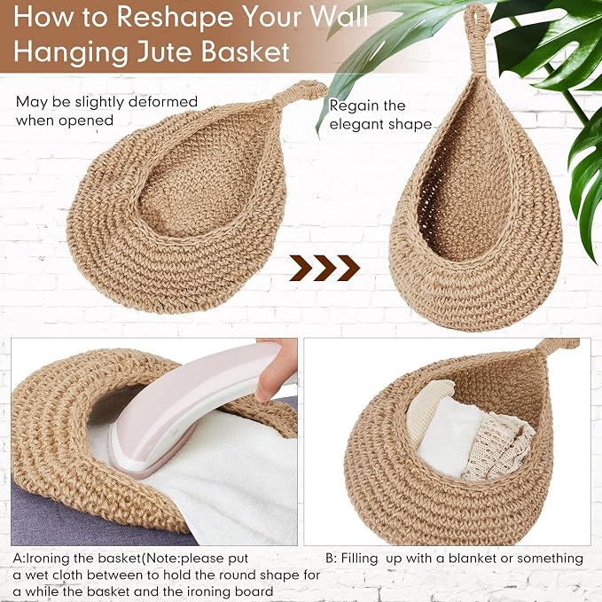 3 Hanging Baskets,Light Linen,Teardrop,Cotton Rope | Wicker Wall Baskets with Hooks for Fruit Vegetable Onion Storage, Teardrop Organizer for Kitchen, Boho Farmhouse Decor