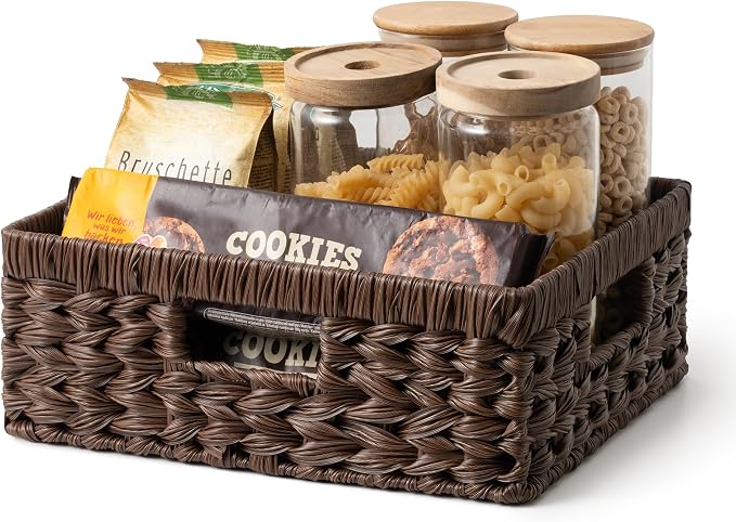 GRANNY SAYS Wicker Storage Baskets for Shelves, Dark Brown Baskets, 1-Pack | Waterproof Wicker Baskets for Organizing,Plastic Brown Baskets for Shelves,Woven Baskets for Pantry Storage,Decorative Basket