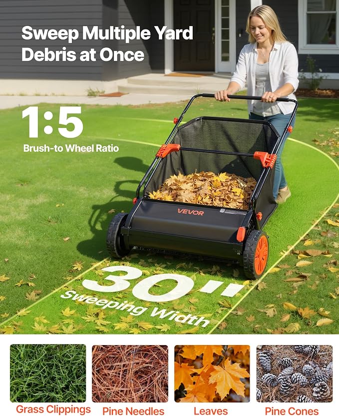 VEVOR Push Lawn Sweeper 30 in Leaf & Grass Collector 12 cu. ft. Hopper Bag | 10-Level Height Adjustable V-Shaped Brushes, Heavy Duty Yard Sweeper for Leaves, Grass Clippings & Pine Needles