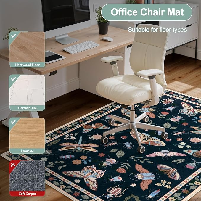 Anidaroel 48"x60" Office Chair Mat for Hardwood Floor/Tile, Black Anti-Slip Computer Chair Mat, Insect Print Office Rugs for Rolling Chairs, Low Pile Desk Floor Mat for Hardwood Floors