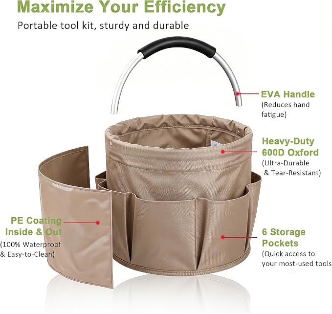 Cleaning Supply Caddy, 17L Foldable Cleaning Caddy with Handle and 6 Pockets, 600D Oxford Fabric Portable Shower Caddy, Bucket Bag for Cleaning Products, Camping, Khaki