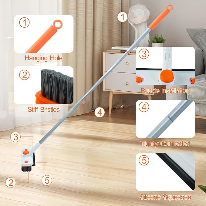 Floor Scrub Brush with Long Handle, 3-in-1 Rotating Scrubber with Squeegee | 60" Telescopic Floor Scrubber with 2 Detachable Heads for Cleaning Shower Bathroom Kitchen Deck Bathtub Tile Patio Garage
