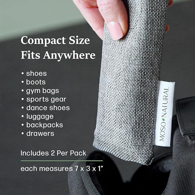Moso Natural Shoe Deodorizer Inserts (3 Pack) Charcoal Odor Absorber for Shoes, Gym Bag & Boot Deodorizer, Unscented Shoe Odor Elimination, Air Purifying Bags, Lasts 2 Years (6 Bags)