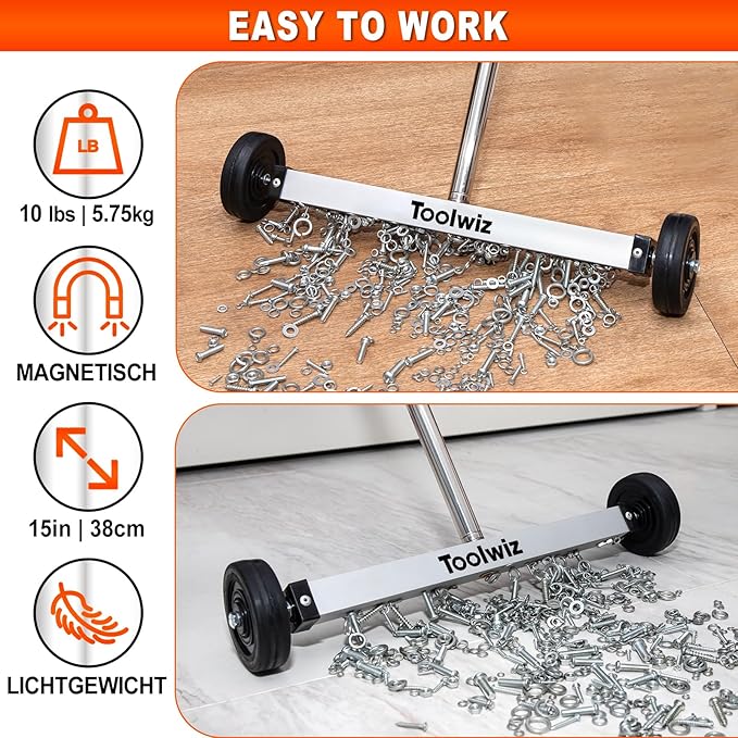 Toolwiz 15" Rolling Magnetic Sweeper 10 Lbs Rolling Magnetic Sweeper | 10lbs Capacity Sweeper, Magnetic Pick Up Tool, Lightweight with Wheels, For Nails, Screws & Metal Debris