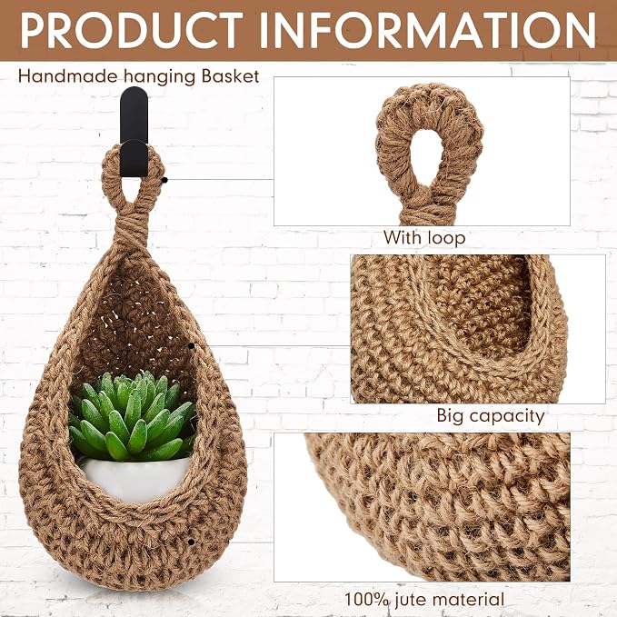 3 Hanging Baskets,Linen,Teardrop,Jute | Wicker Wall Baskets with Hooks for Fruit Vegetable Onion Storage, Teardrop Organizer for Kitchen, Boho Farmhouse Decor