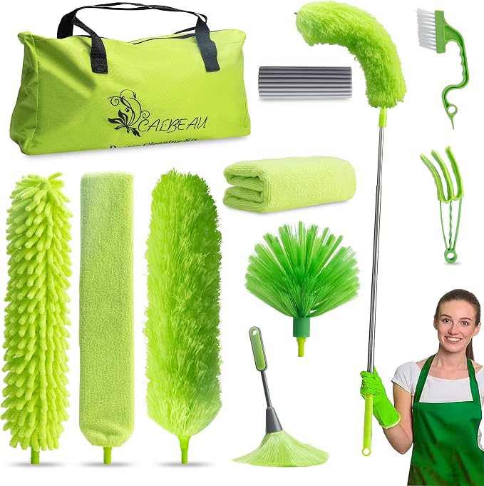Microfiber Duster with Extension Pole 30 to 100'', Bendable Reusable Washable Feather Dusters for Cleaning High Ceiling Fan, Cobweb, Blinds, Keyboard, Furniture & Cars, Green Gift for Women (11 PCS)