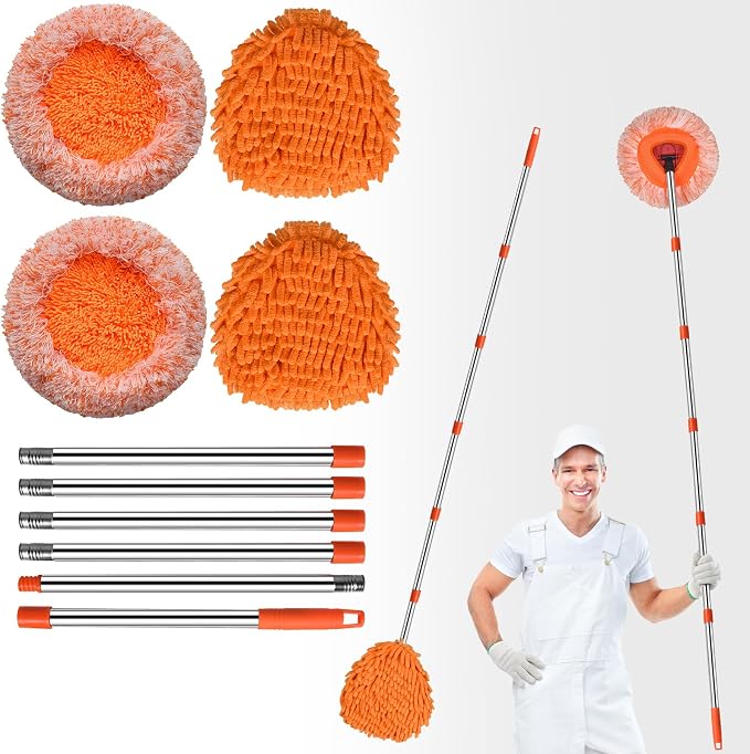 Wall Mop Set, 4 Mop Head + 87”Handle Dust Mop for Ceiling,Baseboard & Floor | Baseboard Cleaner Tool with Handle,360°Rotating Wall Cleaning Baseboard Tool,Wall Cleaner Mop for Ceiling Fan Cleaner Duster