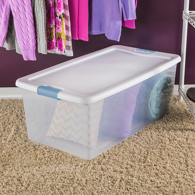 Sterilite Latching Box with Lids for Home and Office, 106 Quart, 12-Pack | Heavy-Duty and Stackable Plastic Containers with Latches for Closet, Cabinet, Bedroom, Bathroom and Dorm Room Organization