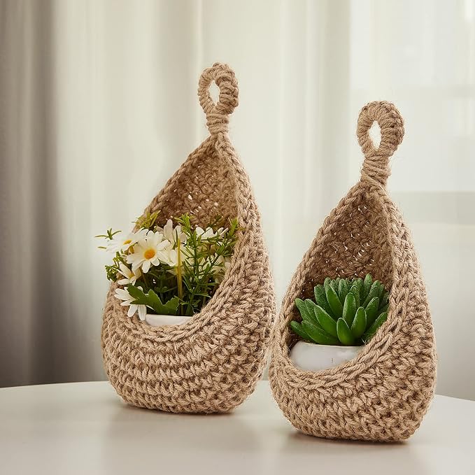 3 Hanging Baskets,Light Linen,Teardrop,Cotton Rope | Wicker Wall Baskets with Hooks for Fruit Vegetable Onion Storage, Teardrop Organizer for Kitchen, Boho Farmhouse Decor