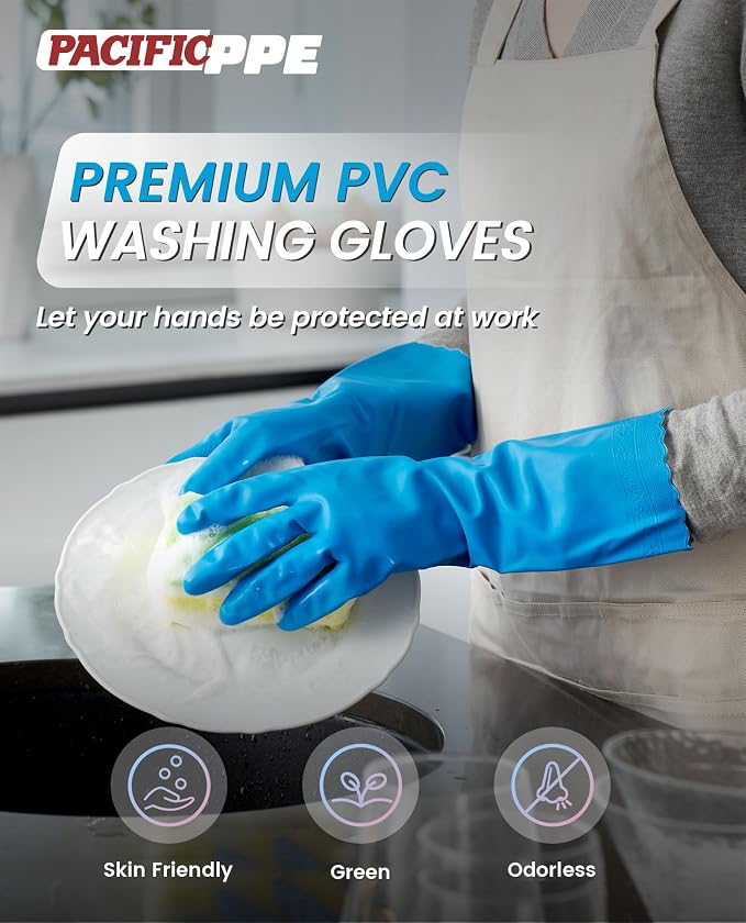 2 Pairs Dishwashing Gloves, Cotton Flocked Liner, Blue, Medium | Waterproof dishwashing gloves with non-slip grip, Latex-Free, flexible fit for kitchen, bathroom, laundry & cleaning