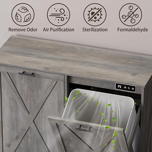 Double Tilt Out Trash Can Cabinet, Wooden Farmhouse Kitchen Garbage Bin Enclosure with Negative Ion Odor Control, Hidden Dog Proof Trash or Laundry Basket Storage for Laundry Room, Grey