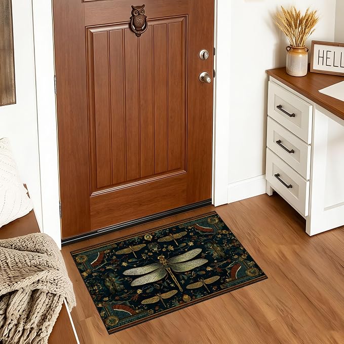 Vintage Dragonfly Laundry Room Mat 23.6 x 19.6 Inch, Dark Teal Botanical Non-Slip Washer Dryer Floor Rug for Entryway, Kitchen and Bathroom (Dark Green)