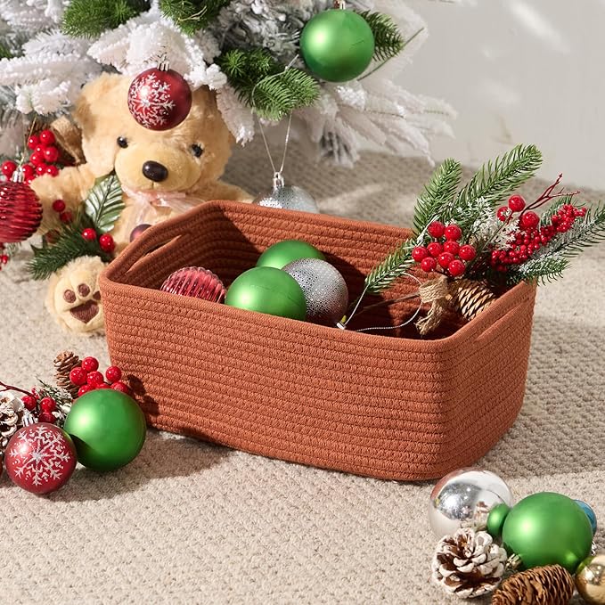 MiniArk Small Storage Baskets for Organizing | Closet Organizer Bins | Shelf Toy Basket | Woven Rope Baskets | Cube Decorative Box | Shallow Basket | 13x8.5x5.1” | 3 Packs Oxide Red