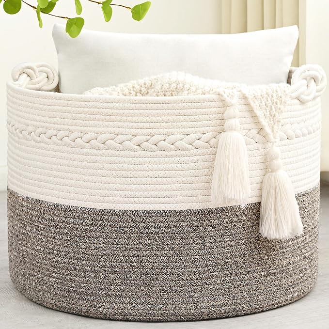 67L Large Blanket Basket, 20"x13" Woven Storage Baskets With Handle, Cotton Rope Blanket Basket Living Room, Baby Laundry hamper for Blanket, Nursery, Toy, Pillow (White & Grey)