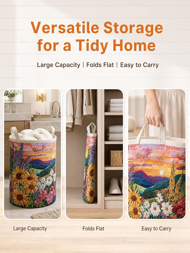 Quilted Laundry Basket with Handles, Boho Floral Quilted Storage Hamper, Large Capacity Laundry Hamper for Nursery Bedroom Laundry Room Home Decor (Pattern 02, Small (18"H x 14"W x 14"L))