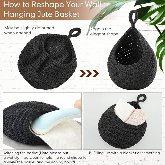 3 Hanging Baskets,Black,Teardrop,Cotton Rope | Wicker Wall Baskets with Hooks for Fruit Vegetable Onion Storage, Teardrop Organizer for Kitchen, Boho Farmhouse Decor
