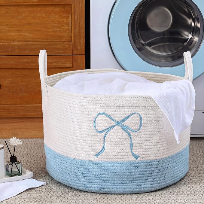 Honeydak Large Blue Laundry Basket Bow Hamper for Blanket Bow Laundry Basket 13 x 20 Inches Cotton Rope Hamper Blue Coquette Storage Toys Clothes Teens Girls Room Nursery Organization